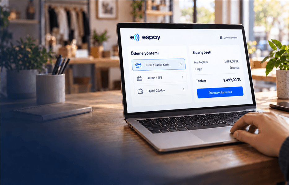 Mağazada masadaki laptopta espay online ödeme ekranı