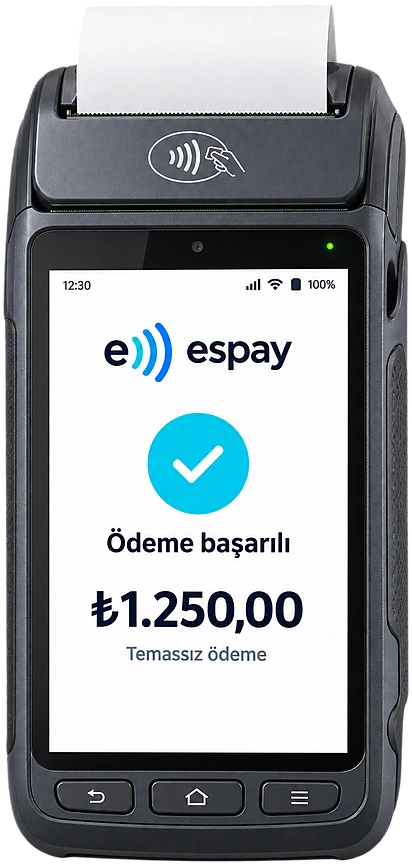 espay POS cihazında ödeme başarılı ekranı, ₺1.250,00 temassız ödeme